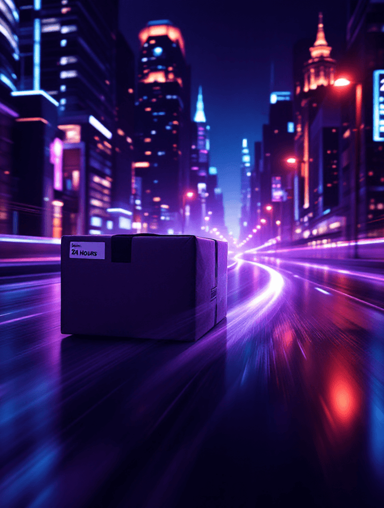 Fast 24-hour delivery package speeding through a neon cyberpunk city street at night.