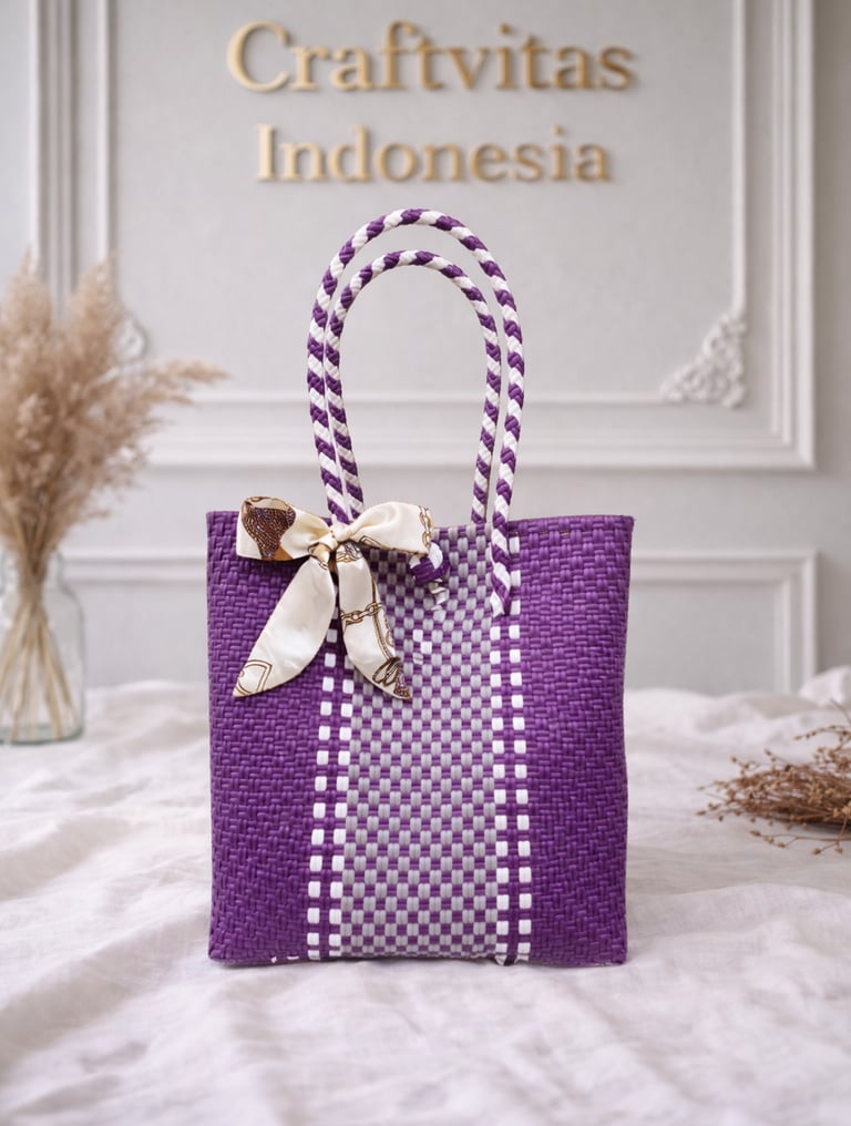 Tas anyaman plastik motif batik ungu putih handmade Craftvitas Indonesia