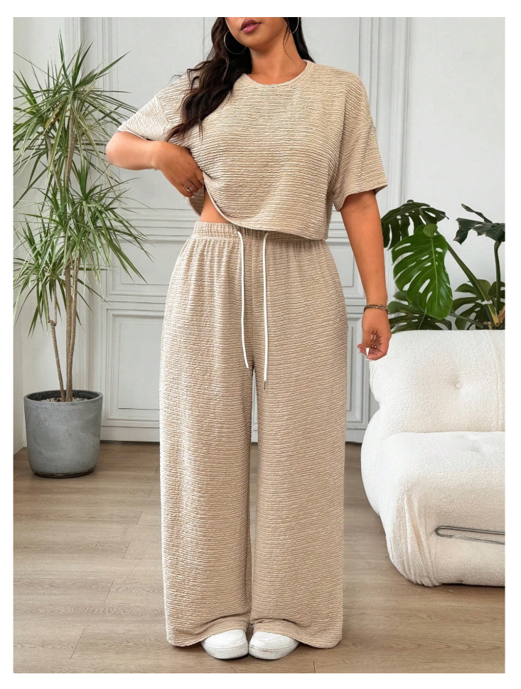 Apricot SHEIN plus-size two-piece casual suit with dropped shoulder blouse and drawstring waist pant