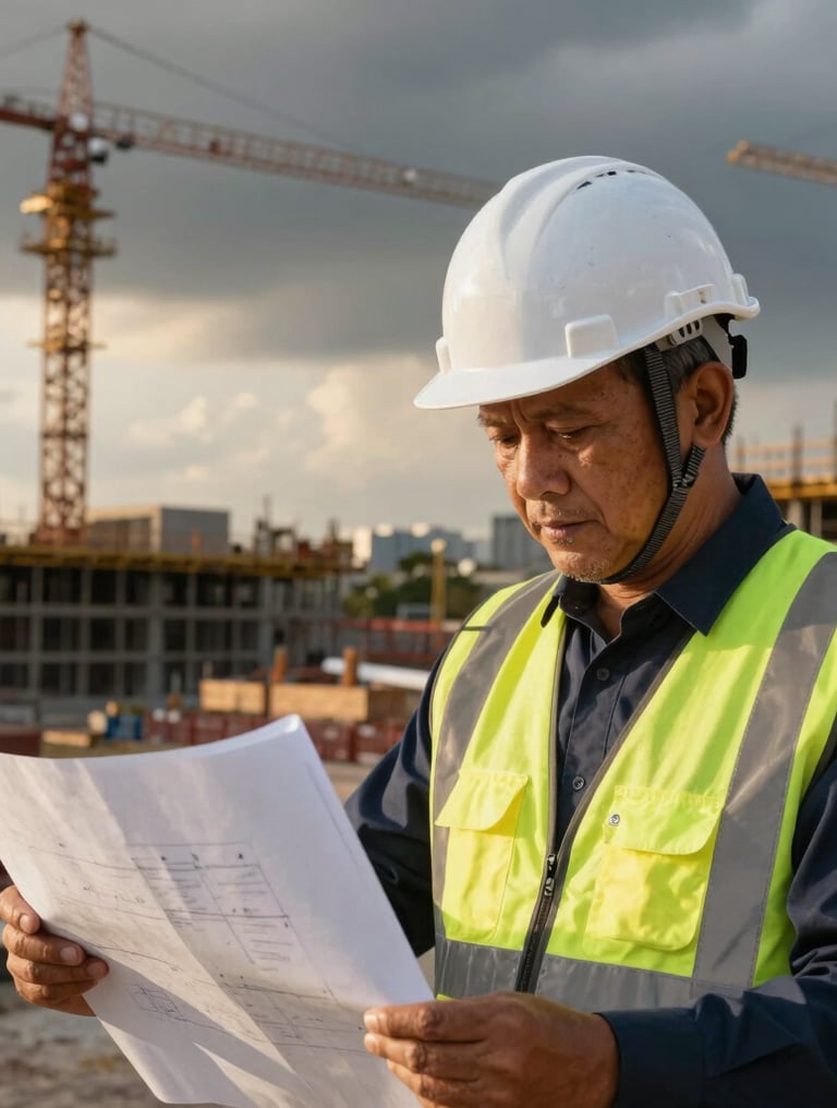 Close-up of a professional Indonesian senior engineer in a white hardhat and high-visibility safety vest looking over a blueprint on a windy construction site, industrial background, dramatic lighting