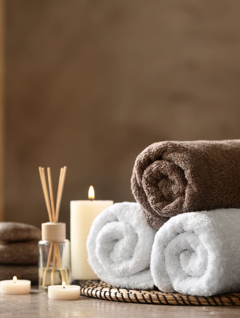 Rolled spa towels, candles, and essential oils arranged in a calming wellness setting