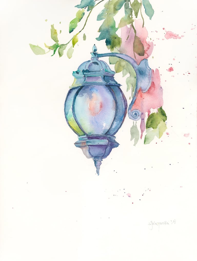 vintage street lamp on a summer evening by contemporary watercolorist weronika kacperski