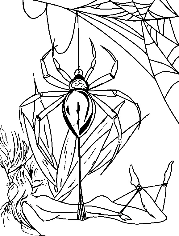 Ilustración del libro Shibari Exquisito de Óscar Ocaña Parrón, una araña atrapa un hada y la mantiene suspendida