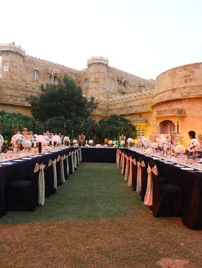 Table setup for a wedding at Suryagarh Jaisalmer