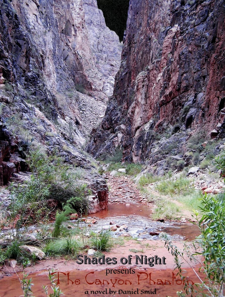 The Canyon Phantom cover; a steep slot canyon with a creek near the bottom