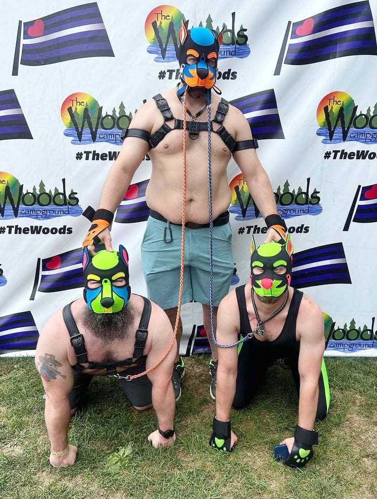 3 men posing in dog masks and posture,