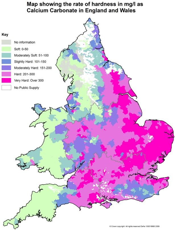 Water hardness levels in the UK