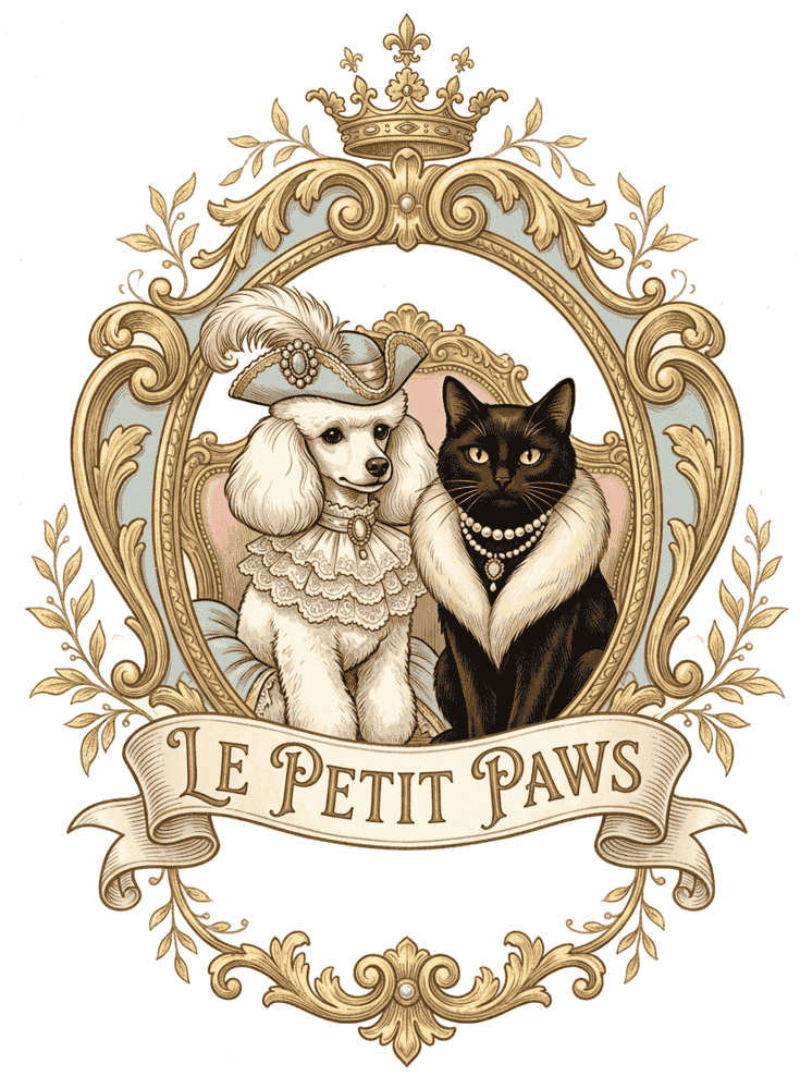 Vintage Le Petit Paws logo featuring a regal white poodle and black cat in an ornate gold frame.