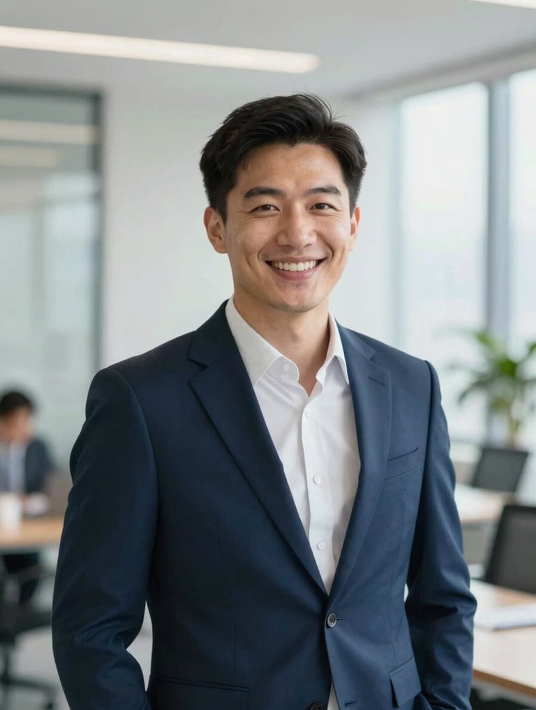 A professional and approachable insurance consultant smiling in a modern office, wearing a navy blue #0A2C42 suit, blurred clean background, bright natural lighting.