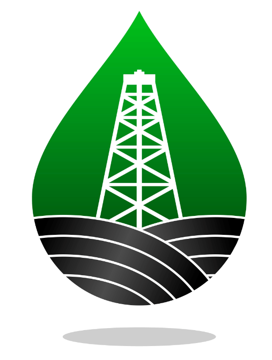 Green energy drop logo featuring a white oil derrick icon over black layered soil or field lines.