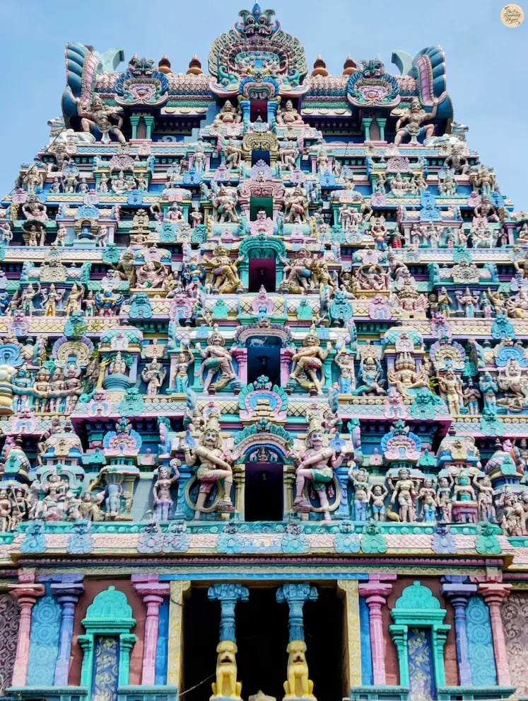 Closer view of the gopuram at Jambukeshwar Temple, Thiruvanaikaval, Trichy, the water element shrine of Pancha Bhoota Sthalam