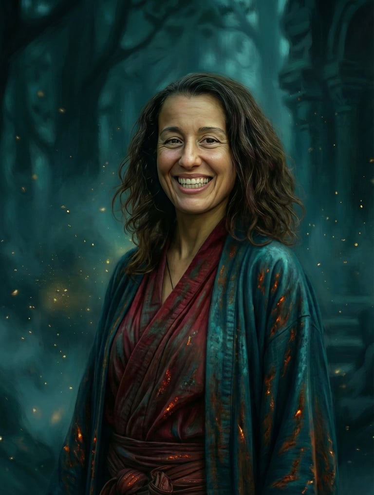 WDP İstanbul Taiji eğitmeni İpek Özkan. Gülen yüzlü, dalgalı saçlı, yeşil geleneksel kıyafetli kadın portresi.