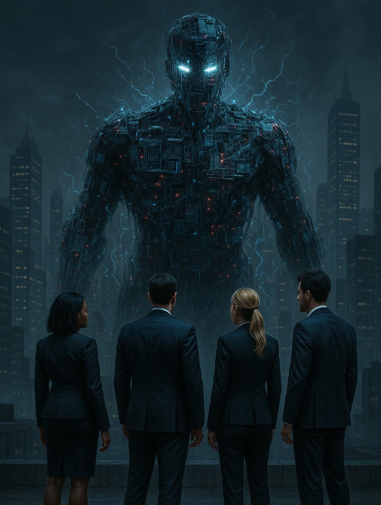 a group of business people standing in front of a giant robot