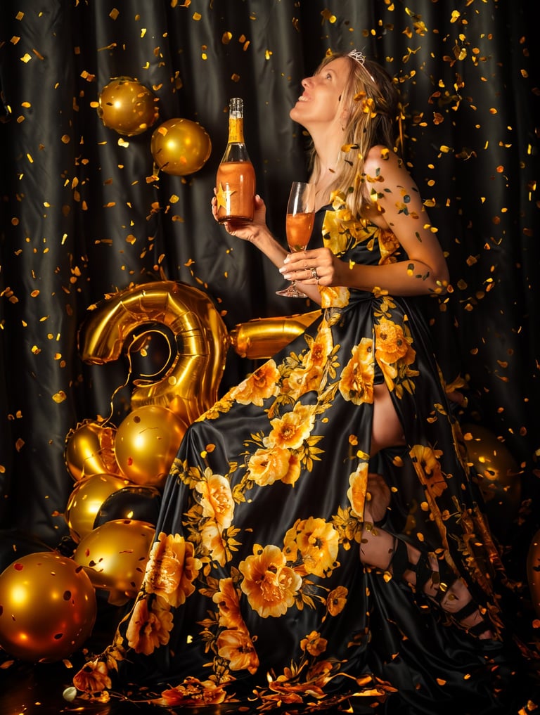 a woman in a dress with a champagne glass