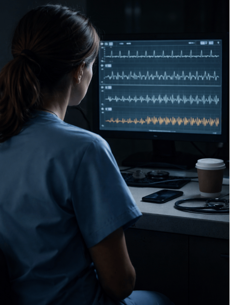 Telemetry technician monitoring EKG rhythms displayed on a monitor.