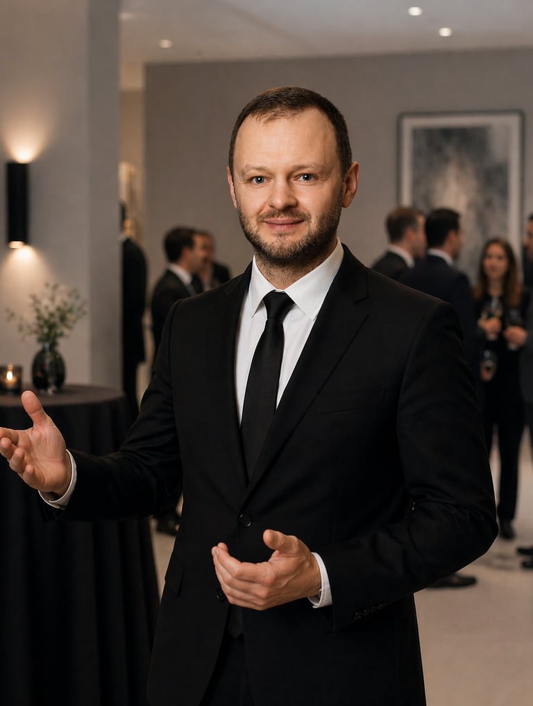 Un maître d'hôtel professionnel en costume noir fait un geste lors d'un événement d'entreprise.