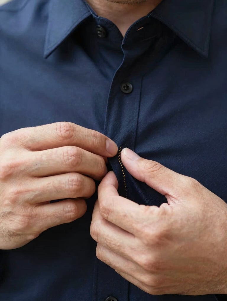 Close-up of hands meticulously tailoring a shirt, focusing on stitch detail and fabric texture, natural light, sharp editorial style.