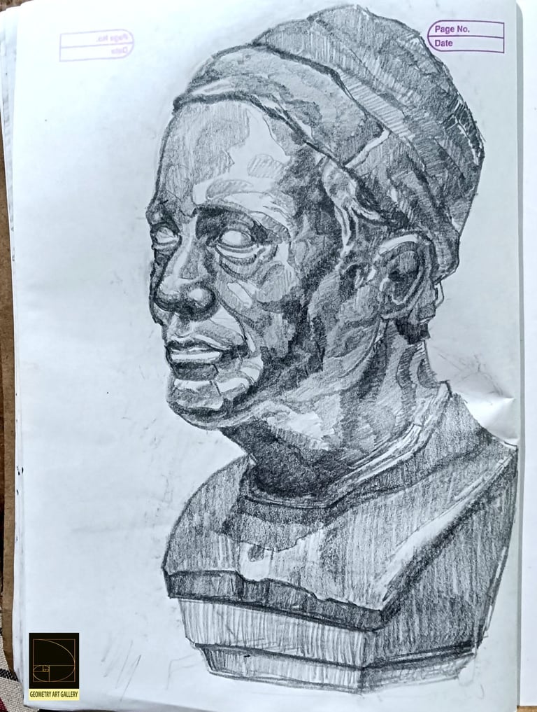 portrait painting of human head sculpture made in pencil shading