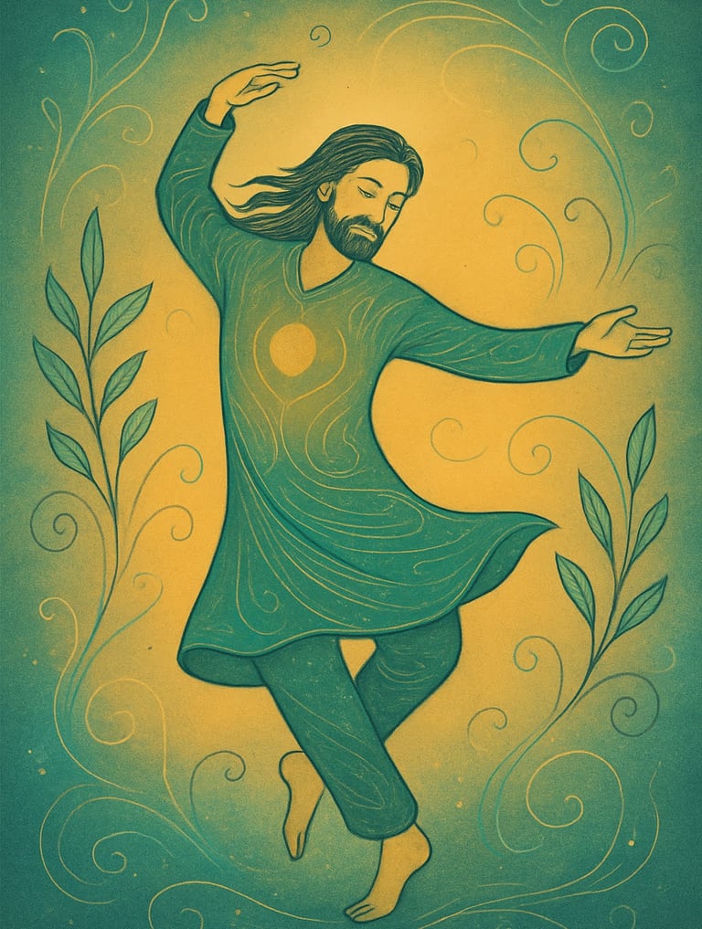 dancing man in flow, legs swirling, hair flowing