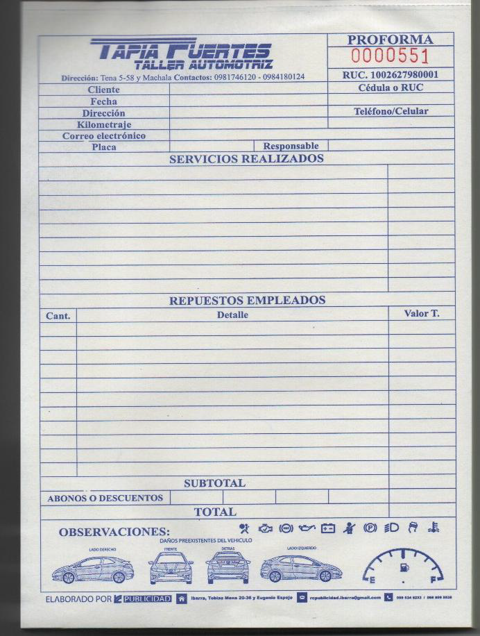 Documento de atención automotriz que respalda servicios reales realizados en Tapia Fuertes Automotriz.