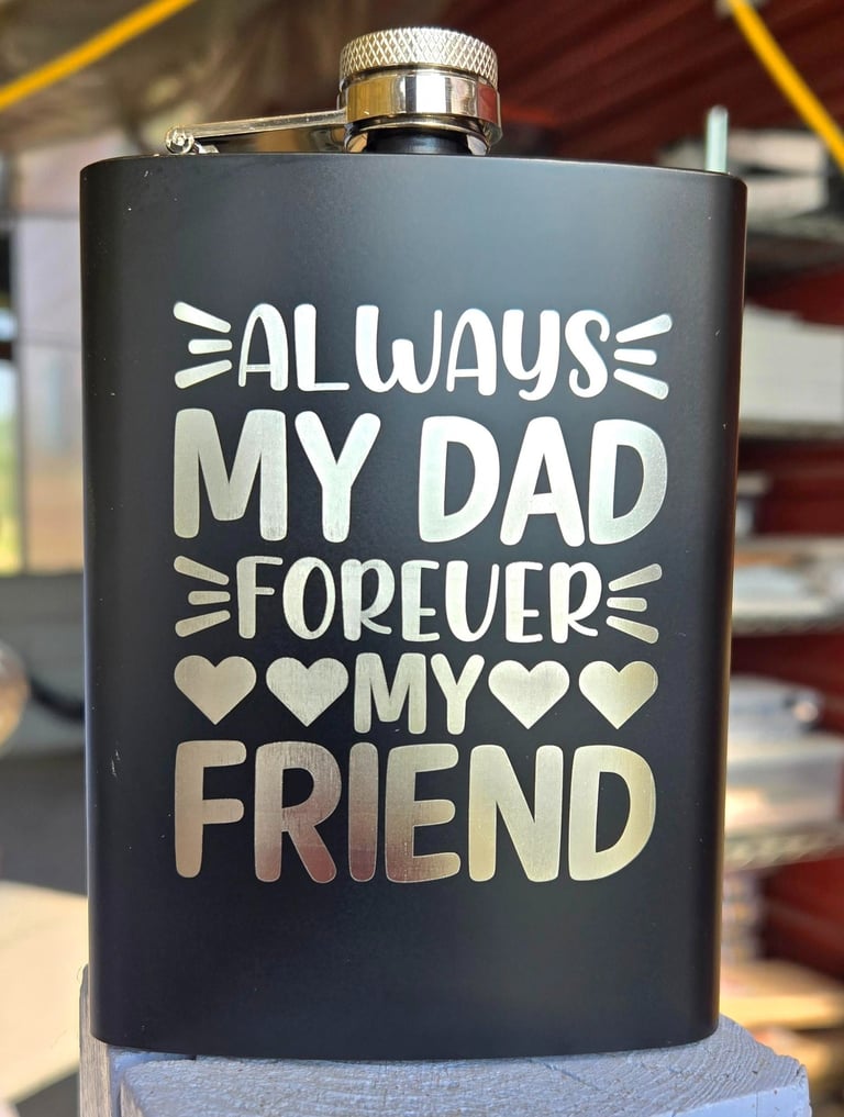 Engraved Black metal flask that is for a dad with a special saying