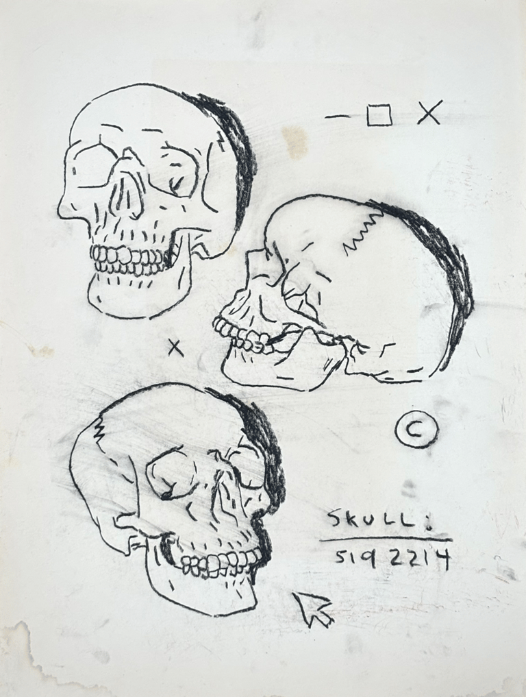 Rough sketch of 3 human skulls, a computer mouse, copyright symbol and code made with wax pencil
