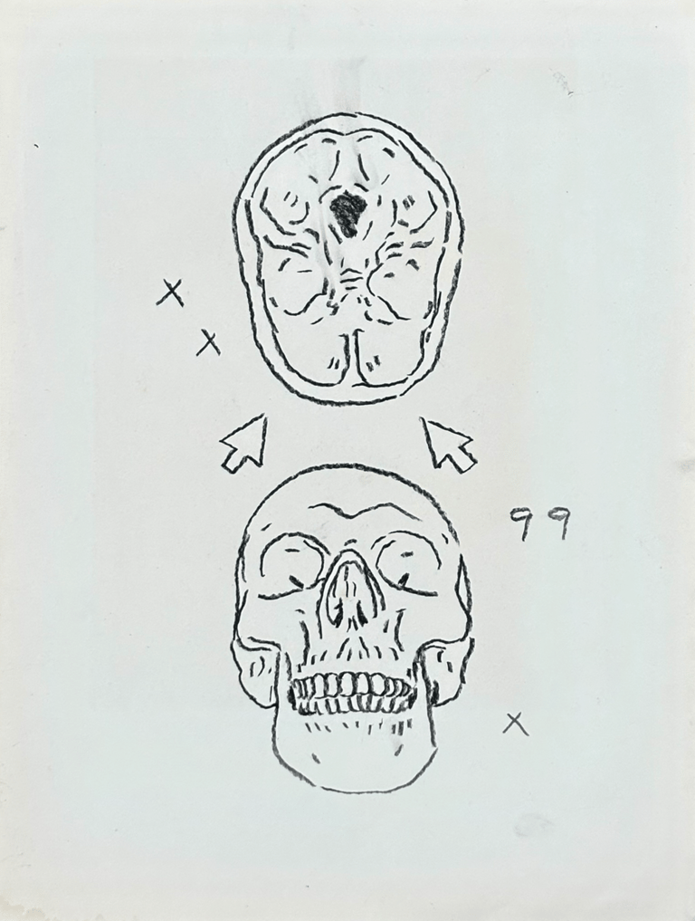 rough sketch of the human skull, 2 computer mouses and the number 99