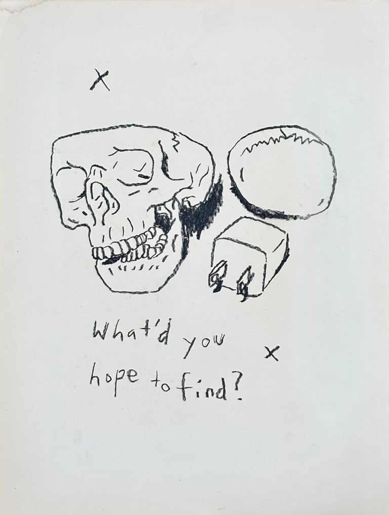 Rough sketch of the human skull, phone charger, with text that reads "what'd you hope to find" made with wax pencil 