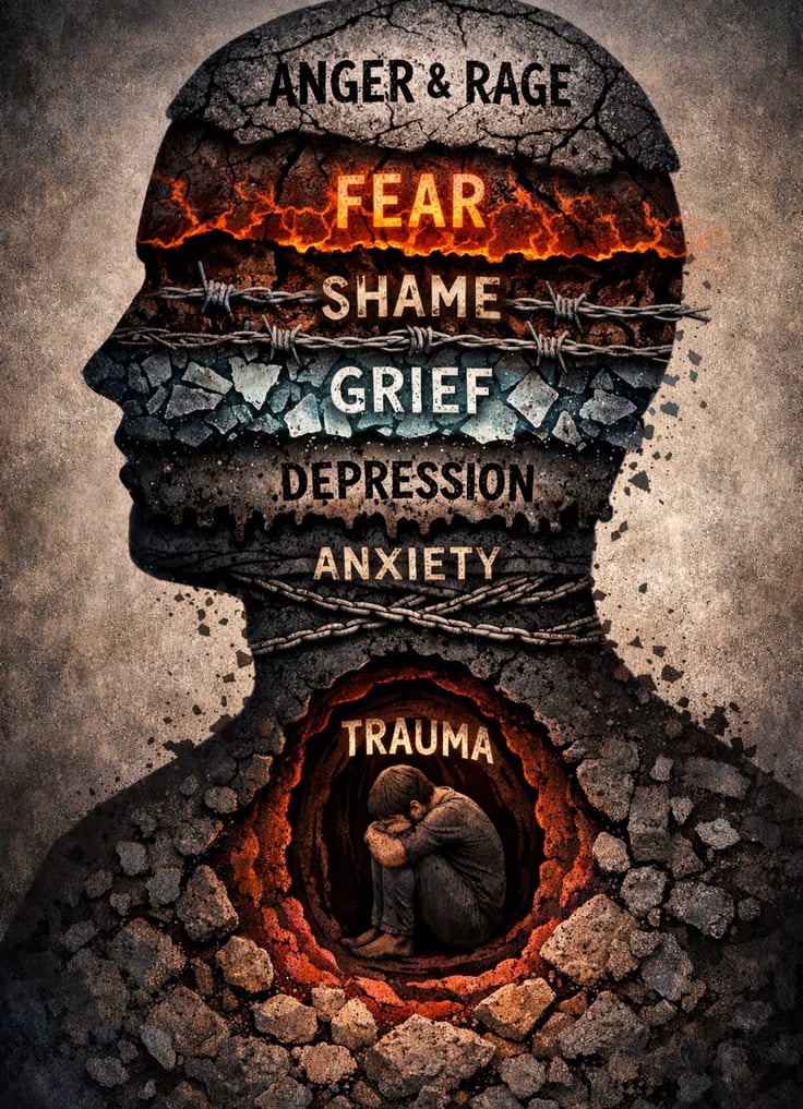 Human silhouette filled with words like fear, shame, grief, anxiety, and trauma representing emotion