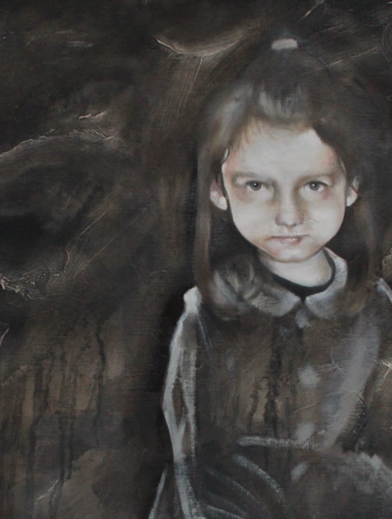 Oil painting of young girl kneeling, looking towards viewer.