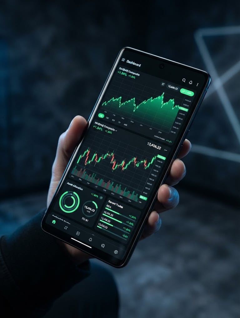 Sleek high-fidelity Android device mockup displaying a dark-themed financial dashboard with vibrant green charts, set against a dark low-key studio background with subtle blue neon ambient light, sharp focus, 35mm