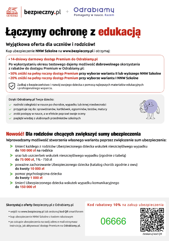oferta ubezpieczenia nnw dla uczniów i rodziców wraz z możliwością dostępu na strone odrabiamy.pl