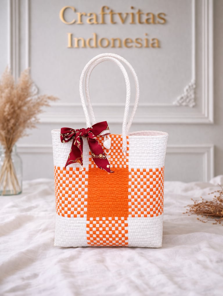 Tas anyaman plastik motif batik warna putih dan oranye handmade dari Craftvitas Indonesia
