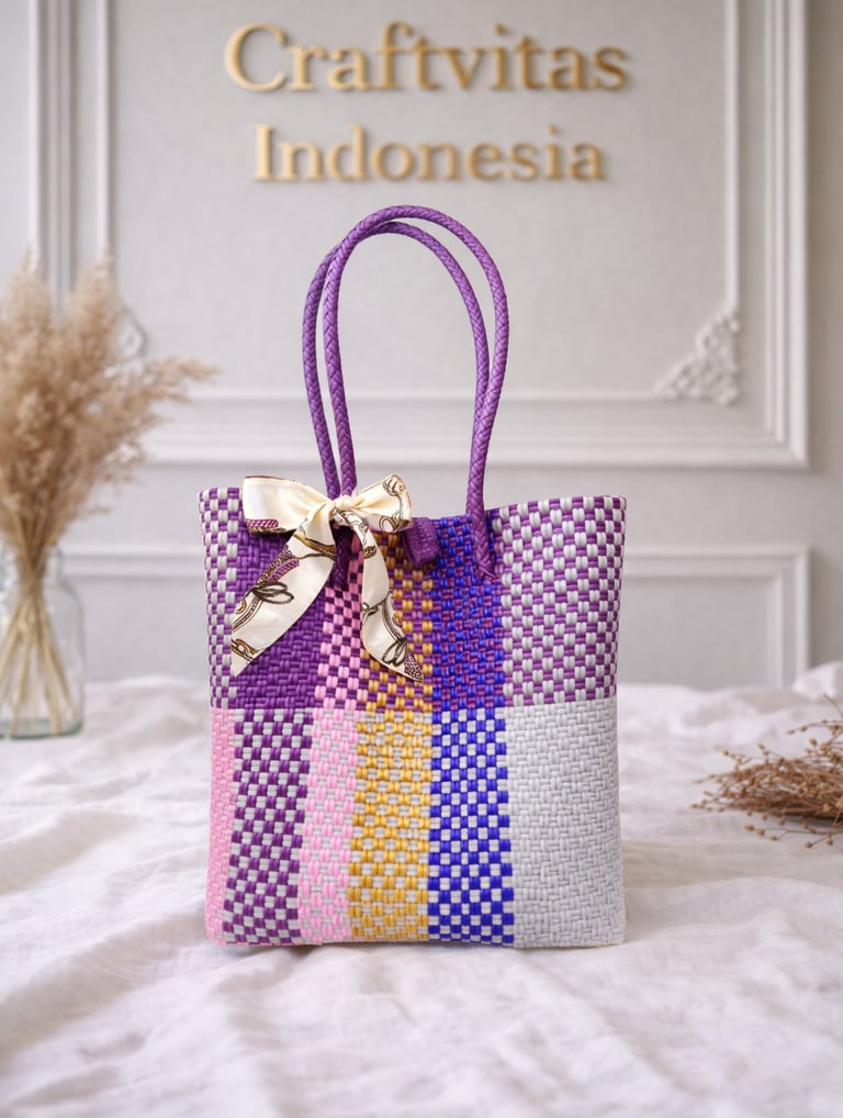 Tas anyaman plastik motif batik ungu mix warna handmade dari Craftvitas Indonesia