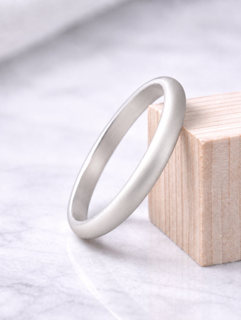 Satin matte 999 fine silver wedding band leaning against a small wooden block on a marble surface.