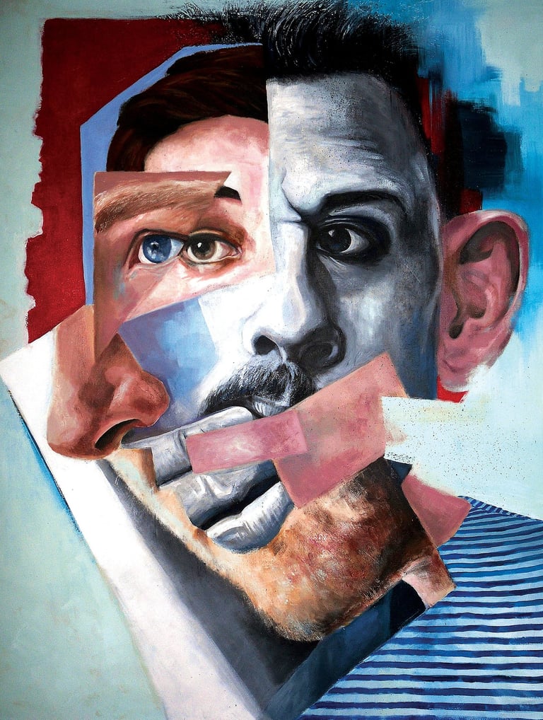 An acrylic painting by Christine Gallagher, titled 'Identity Crisis' - 80cm x 100cm