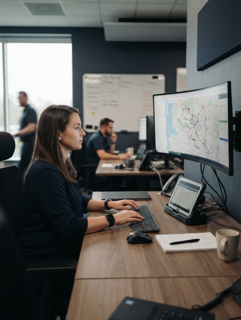 Wide panoramic shot of a clean, organized dispatch office with a large monitor displaying a route map, a tablet on a desk, and a person's hands subtly interacting with a keyboard, natural overcast daylight, muted navy and slate tones, shallow depth of field, 35mm lens.
