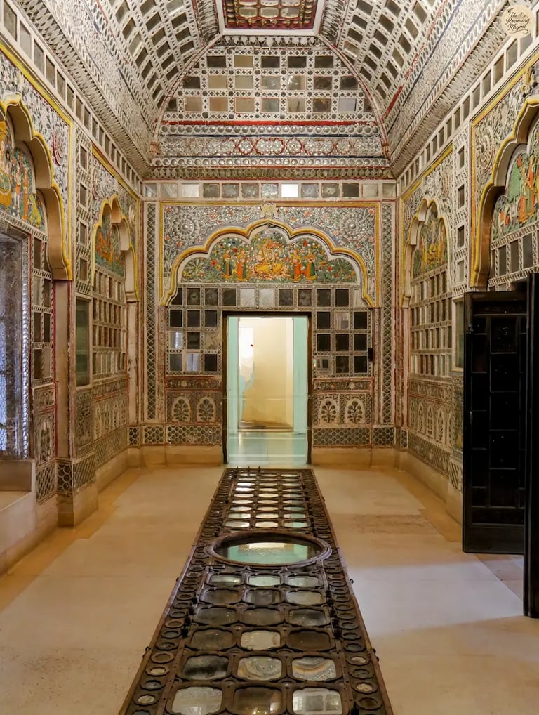 Sheesh Mahal at Mehrangarh Fort Jodhpur, a mirror palace reflecting Rajput grandeur and intricate craftsmanship.