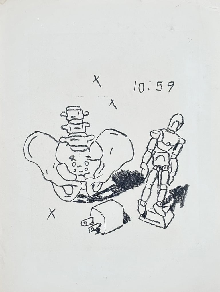 rough sketch of an artist's figurine a phone charger and a human pelvis at 10:59pm