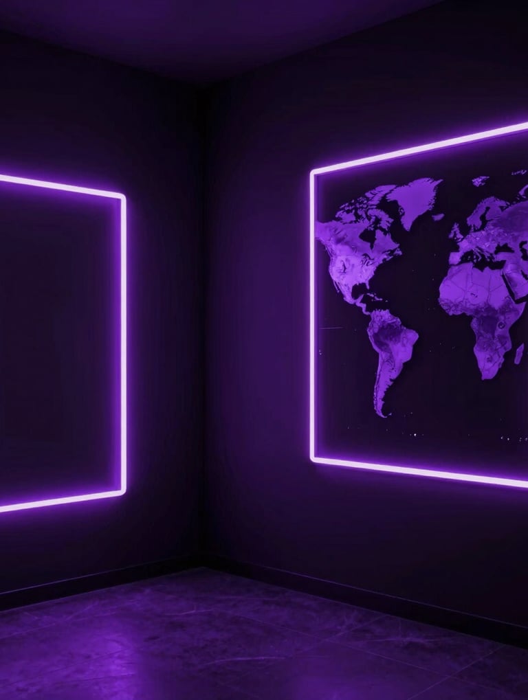 An artistic premium preview of an exclusive video scene. Seductive dark-mode lighting with bright violet neon highlights contrasting against a dark luxury backdrop. Sophisticated gallery feel, Latin American / Global.