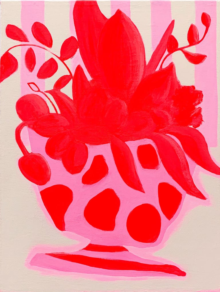 a painting of a vase with pink and red flowers, original still life art by Lena Sin