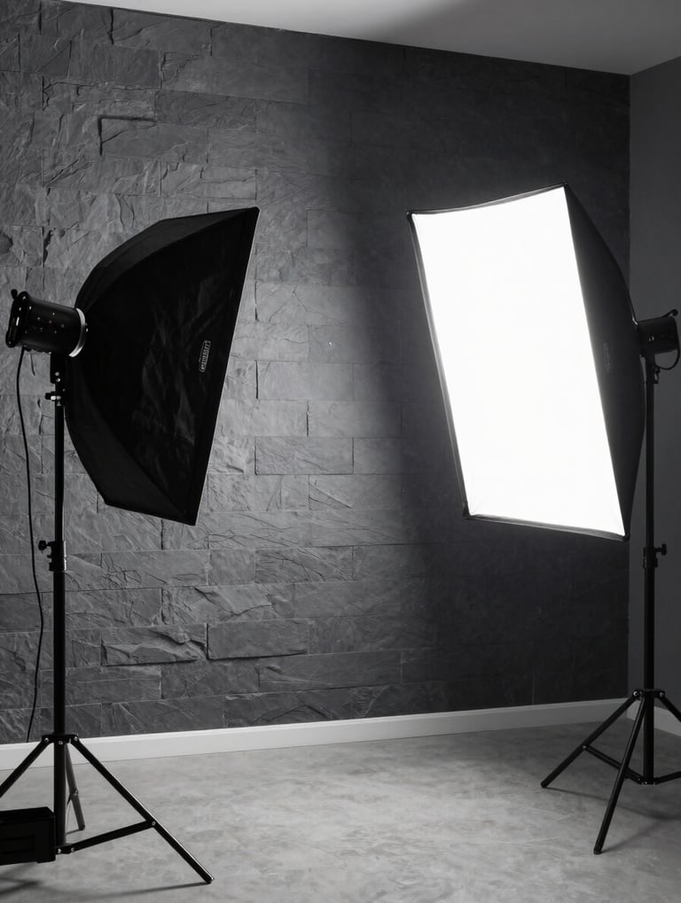 A high-end professional studio setup in North America featuring softboxes and reflectors against a slate gray wall, highlighting a clean and modern cinematography workspace.