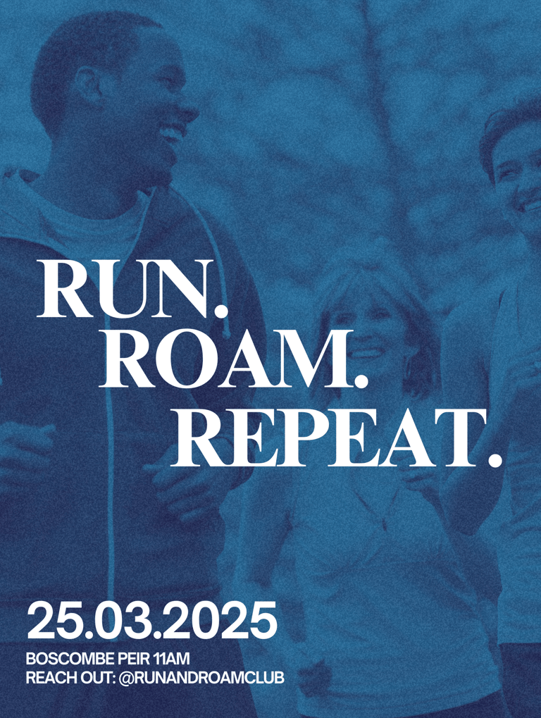 Blue-toned event poster with 'RUN. ROAM. REPEAT.' text, date, location, and social media handle.