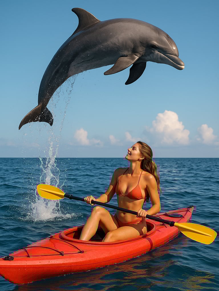 Un dauphin saute au dessus d'une femme en canoë pour la journée mondiale des dauphins