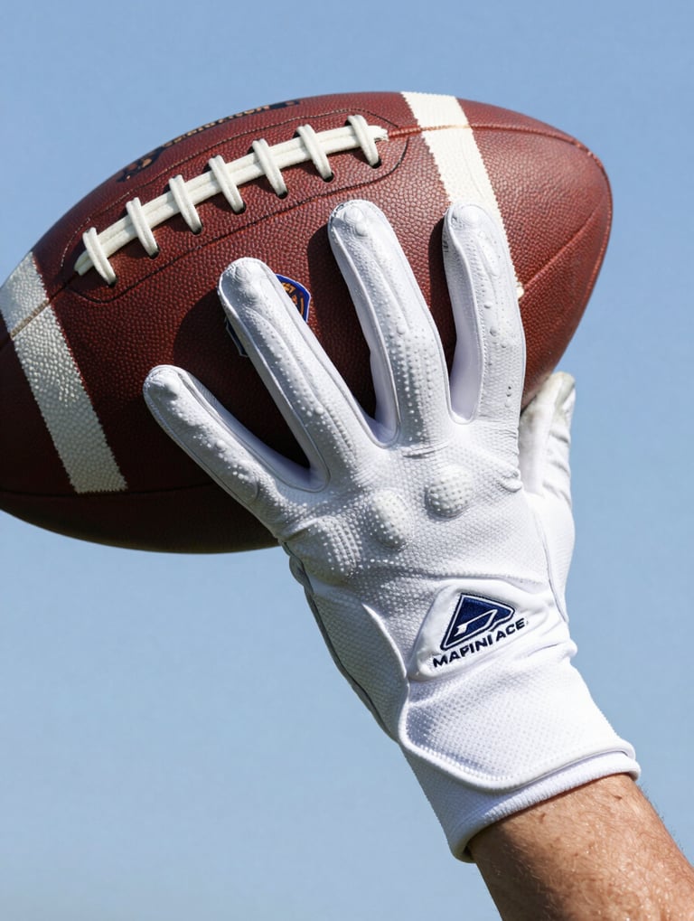 A macro photography shot of a North American football player's gloved hand catching a ball, captured at the moment of impact. The lighting is sharp and clinical, using ice white and sky blue hues to emphasize the texture and precision of the movement.