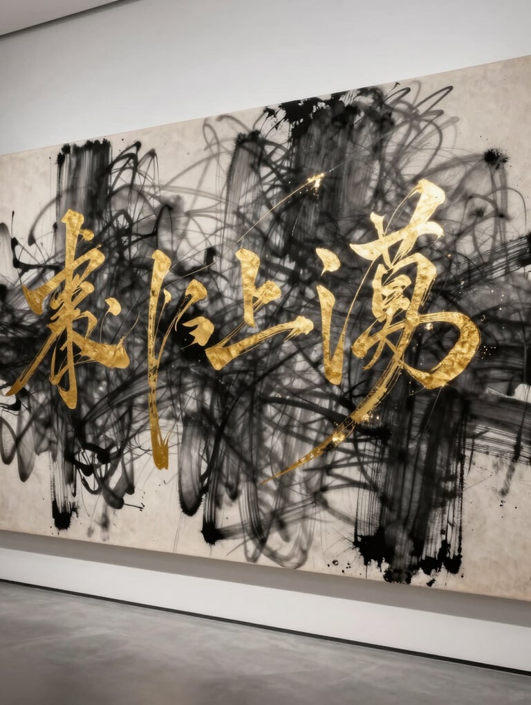 A wide-angle photograph of a massive canvas featuring abstract charcoal strokes and gold leaf calligraphy, displayed in a high-end, minimalist gallery with white walls and soft grey shadows.