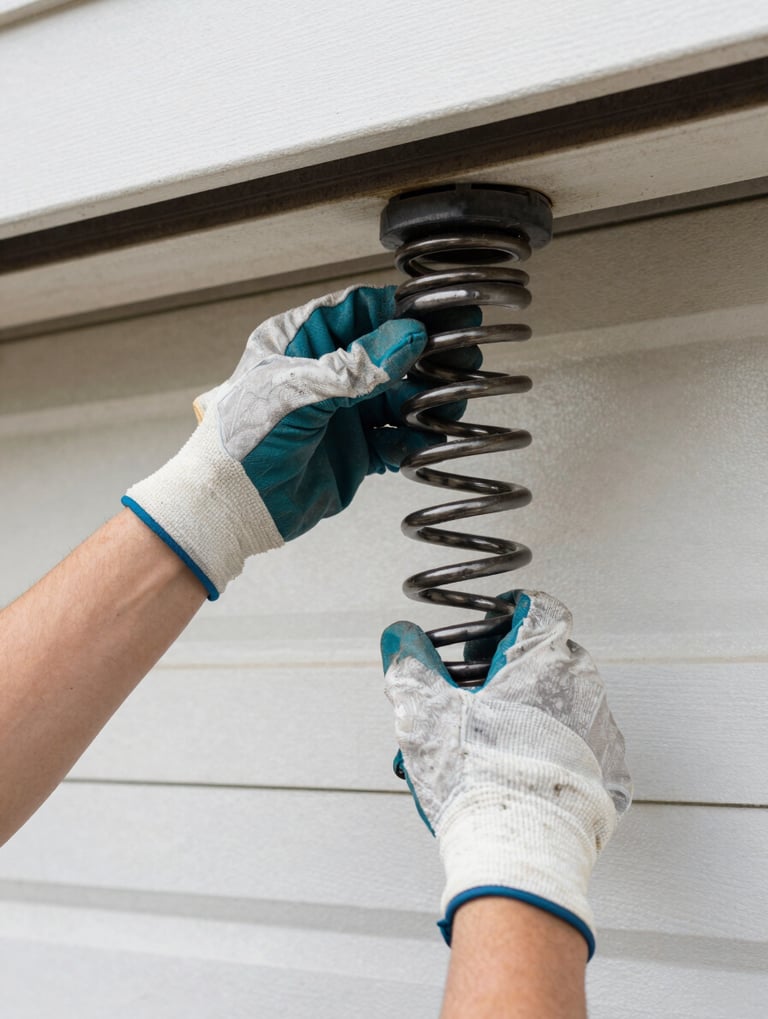 Close-up of a technician's hands adjusting a garage door spring, clean work gloves, natural outdoor daylight, sharp focus on the spring and tools, 35mm