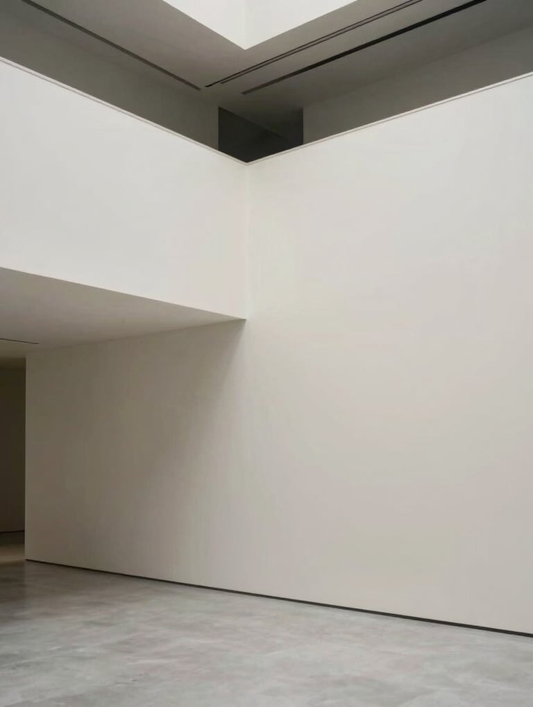 Clean, architectural photography of a modern event space in Spain, minimalist lines, neutral off-white and medium grey tones, professional and sophisticated atmosphere.