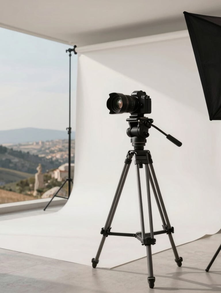 A professional outdoor studio photography setup in a scenic Turkish landscape. Soft natural light, high-end camera equipment on a tripod, and a clean, modern aesthetic. The scene uses a palette of light grey and off-white tones.
