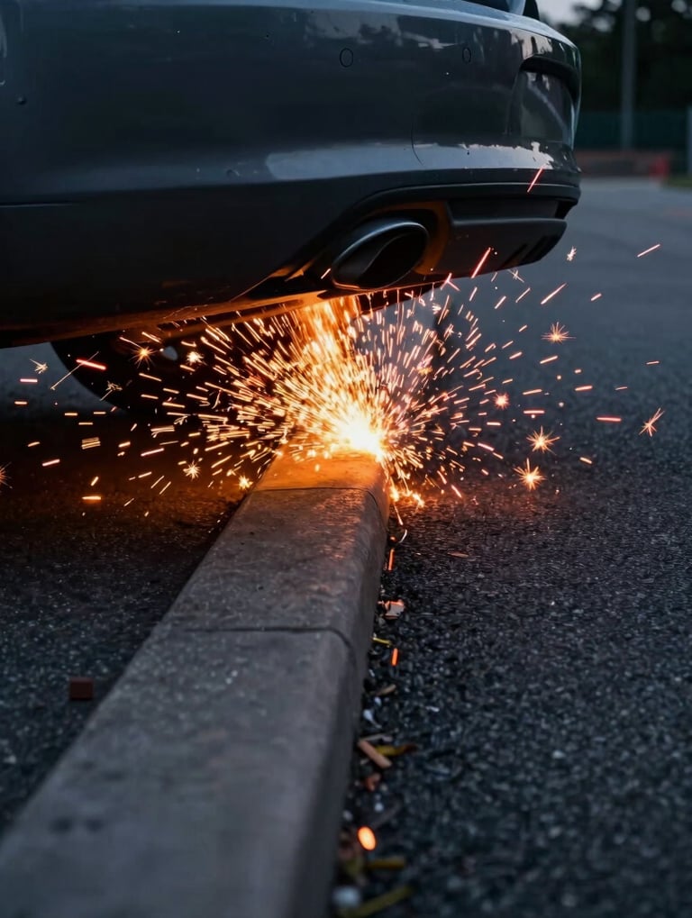 Action photography of sparks flying from the undercarriage of a car as it hits a curb at high speed on a North American / US track. Dark gray asphalt, sharp orange-red sparks, dramatic night lighting.